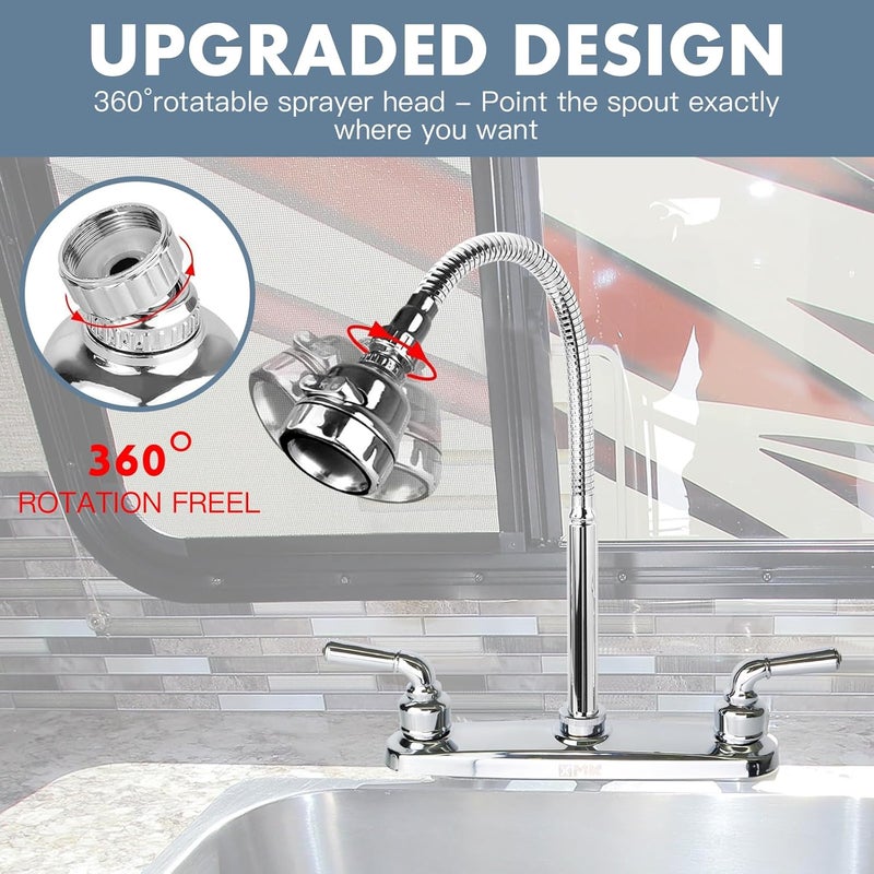 XMK All Metal RV Kitchen Faucet,Camper RV Kitchen Sink Faucet Replacement with Flexible Arc 360 Degree Rotatable Tri-Function Sprayer for Campers,Motorhomes,Travel Trailers,8 Inch 2 Hole - Image 4